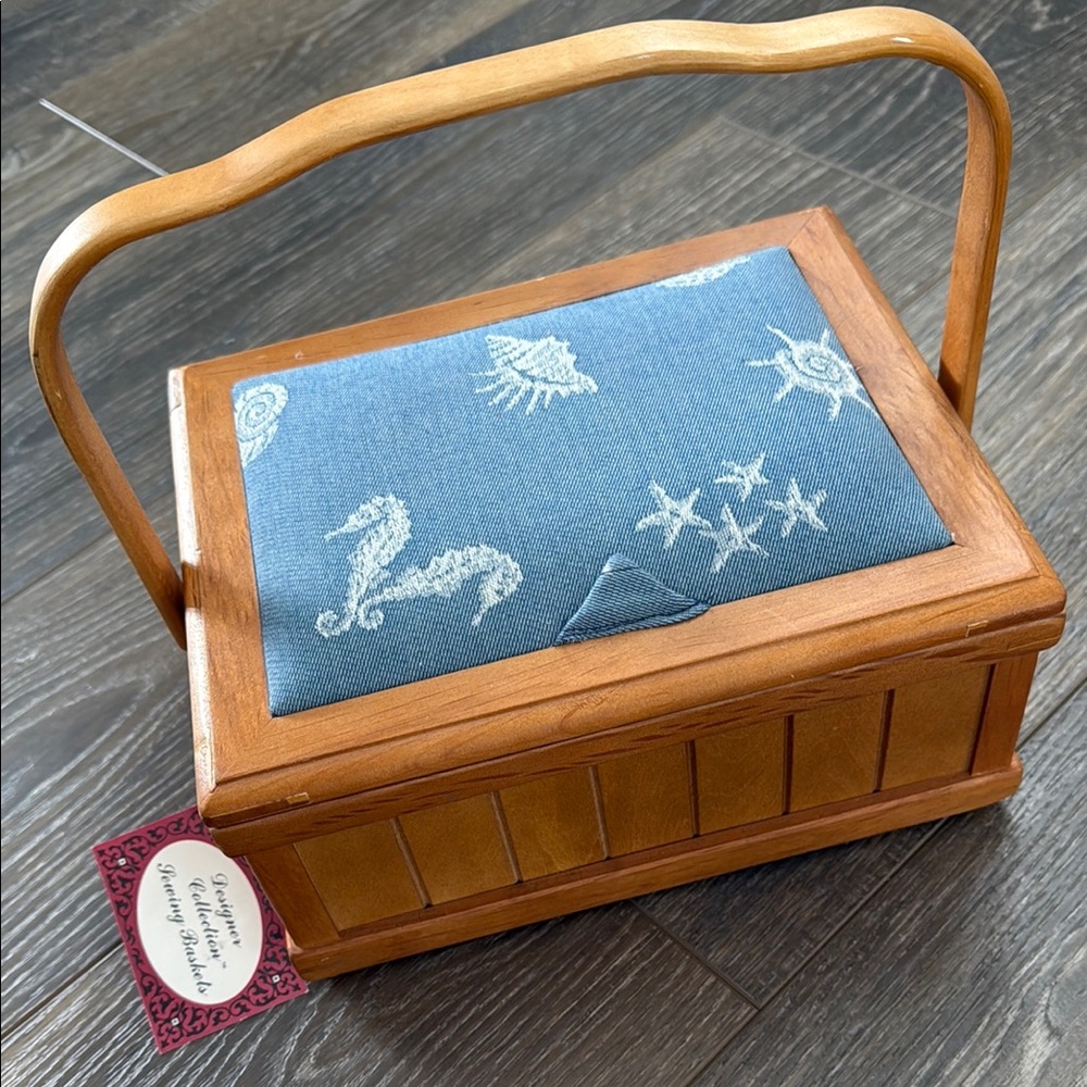 Vintage Wooden Sewing Box with Blue Beach Theme Fabric